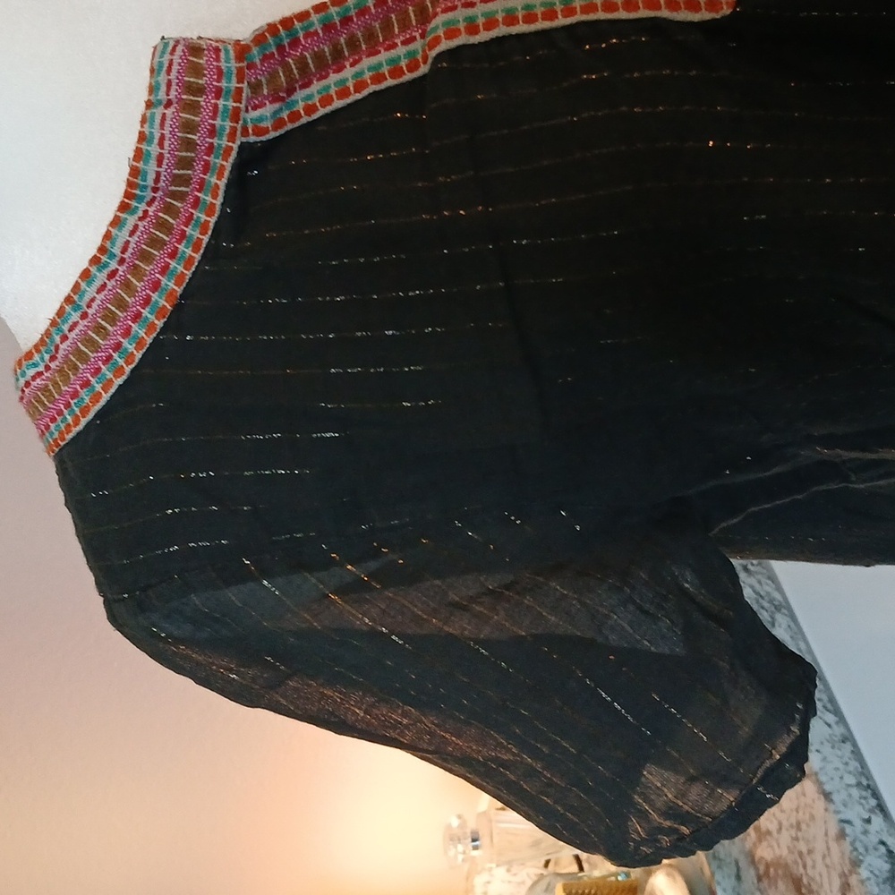 THML Boho Cotton Black Shirt Size L Metallic Embroidered Stripe Detail - Picture 4 of 10